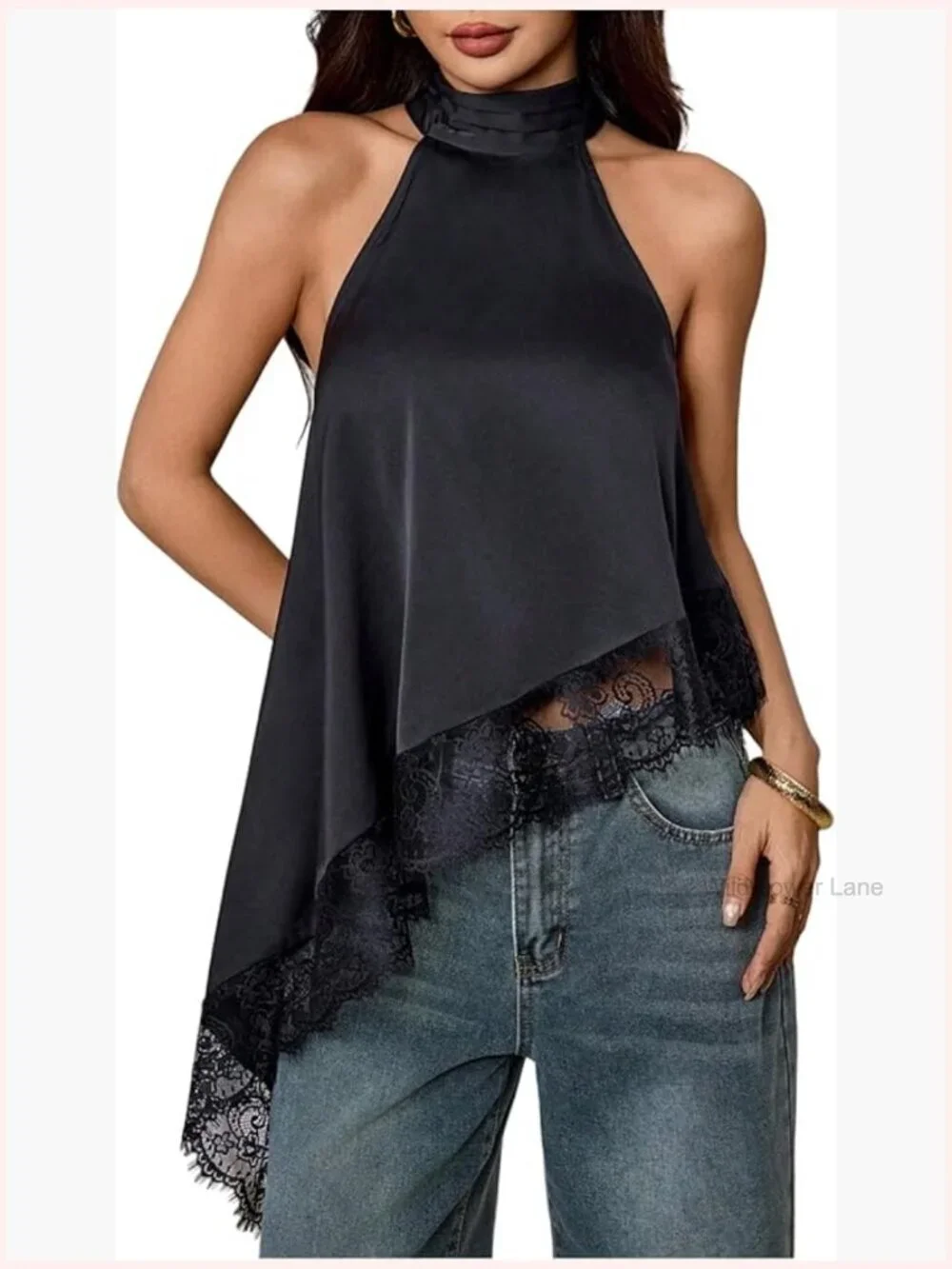 Halter Neck Lace Trim Sleeveless Asymmetrical Hem Flowy Blouse Top